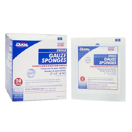 GAUZE SPONGE, STERILE, 8PLY, 2 X 2, 50 PK 6208