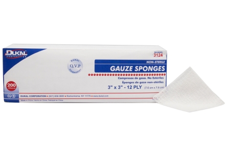 GAUZE SPONGES, NON-STERILE, 12PLY, 3 X 3, 200 PK 3124