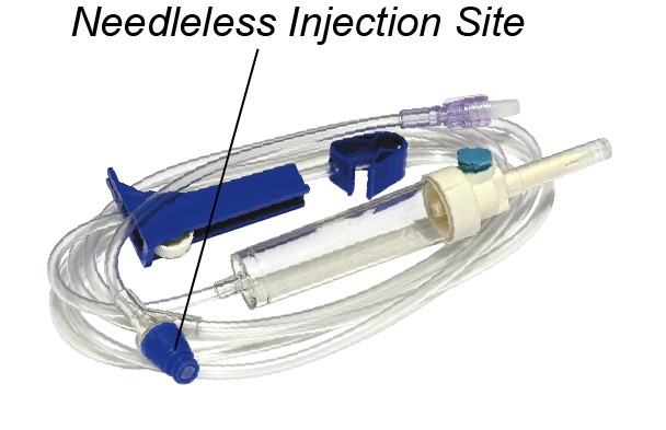 MEDIGRATIVE 004, IV SET WITH NEEDLELESS INJECTION SITE, 15 MICRON FILTER IN DRIP CHAMBER, 20 DROPS/ML, 85”, 6 BX CS, M004