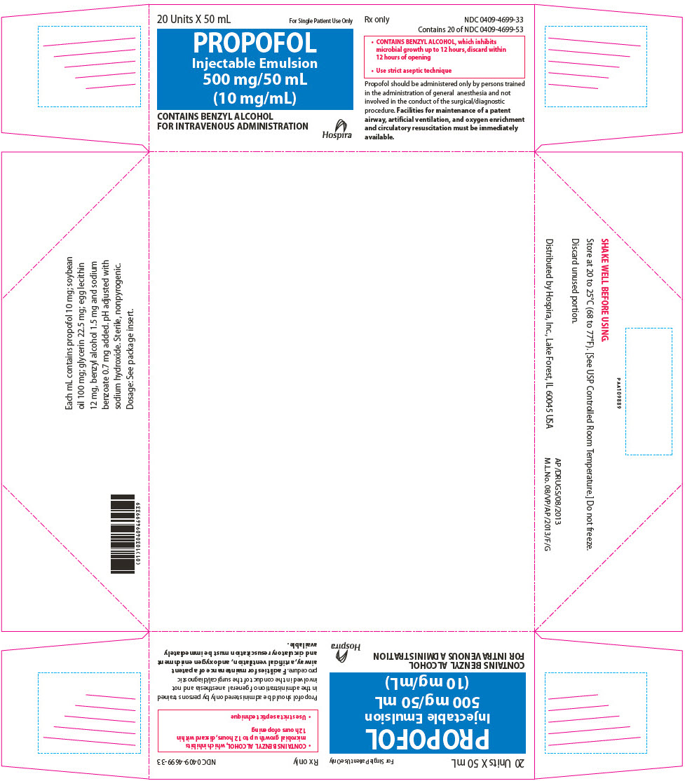 PROPOFOL INJ EMULSION (CONTAINS BENZYL ALCOHOL) 10MG/ML, (500MG/50ML) SDV, 20 X 50ML NDC 00409469933 NON-RETURNABLE