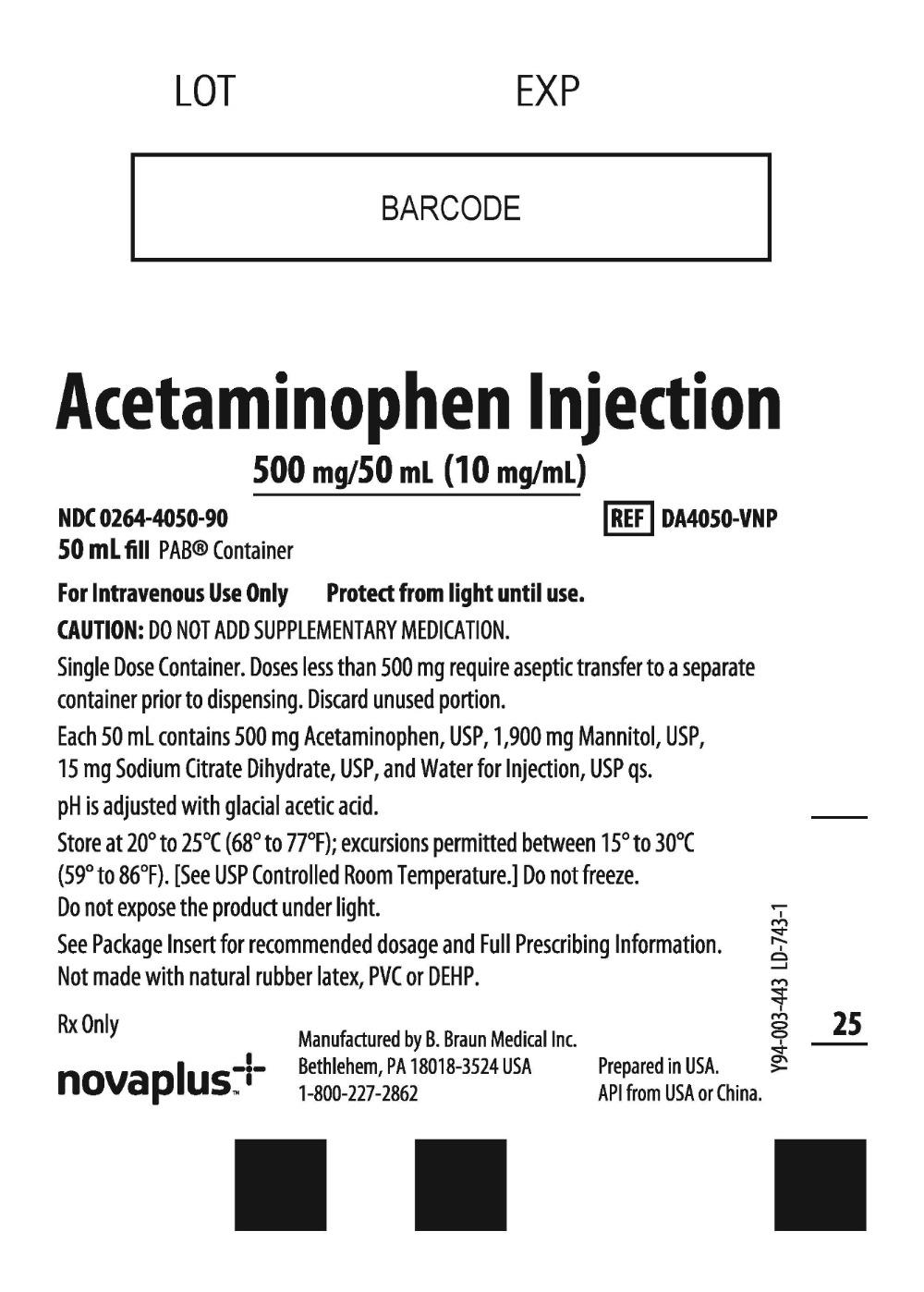 BRAUN ACETAMINOPHEN INJ 500MG/50ML (10MG/ML), 24X50ML NDC 00264405080 DA4050 NON-RETURNABLE - Image 2