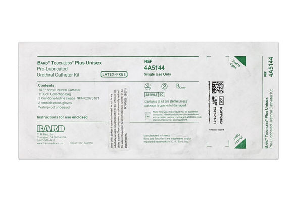 BARD INTERMITTENT CATHETER KIT 14FR, TOUCHLESS PLUS, VINYL UNISEX, 1100ML COLLECTION CHAMBER, PVI SWABS, LATEX-FREE GLOVES, UNDERPAD, 50 CS,  4A5144 NON-RETURNABLE - Image 2